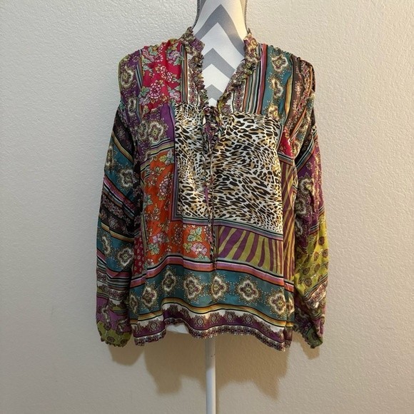 NWT Johnny Was Patch Finn Multicolor V Neck Long Sleeve Silk Blouse Small - Picture 3 of 13